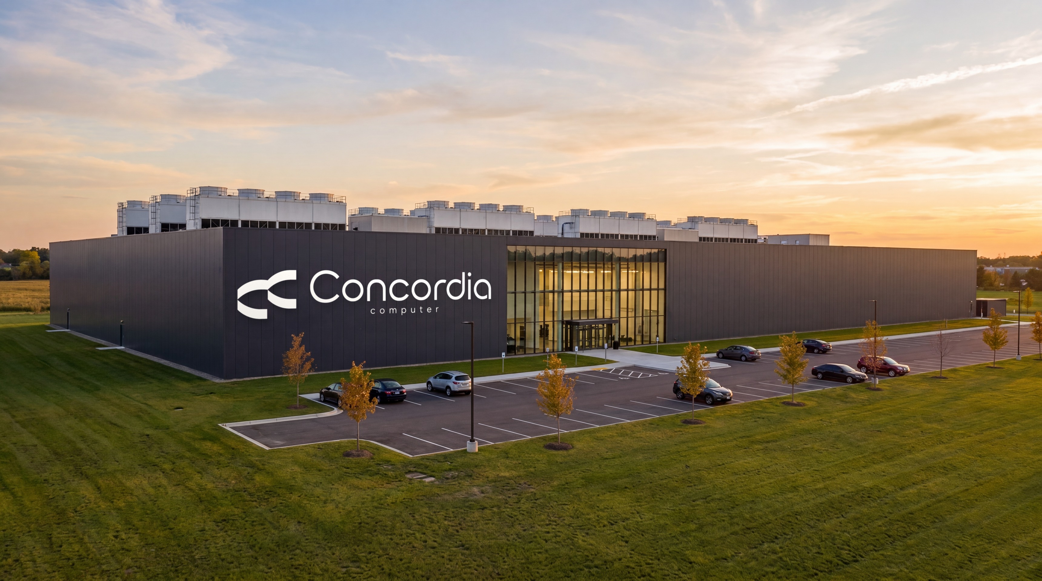 Photoreal render of a Concordia Computer facility with the Concordia logo on the facade