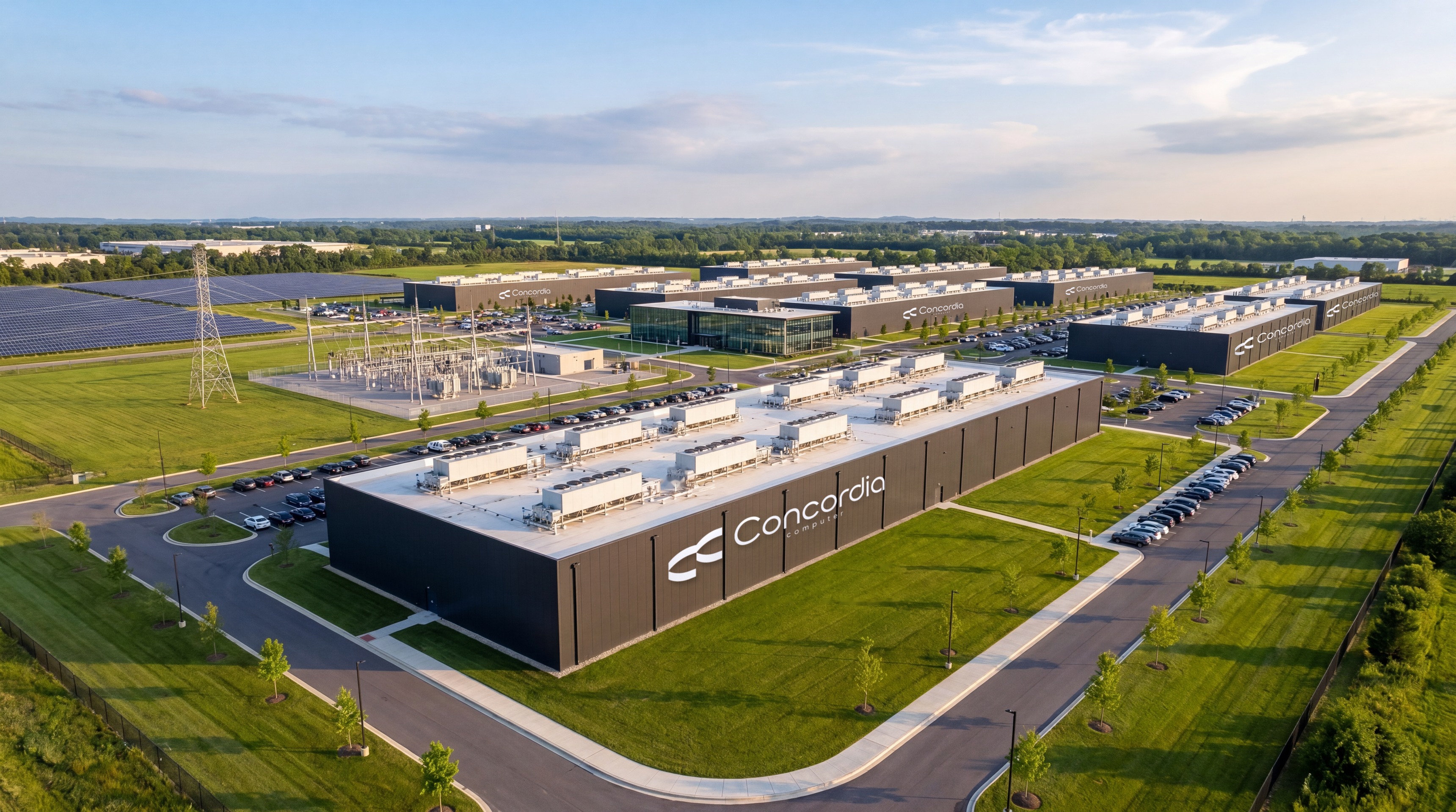 Photoreal render of a Concordia Computer data-center campus on grass under a blue sky