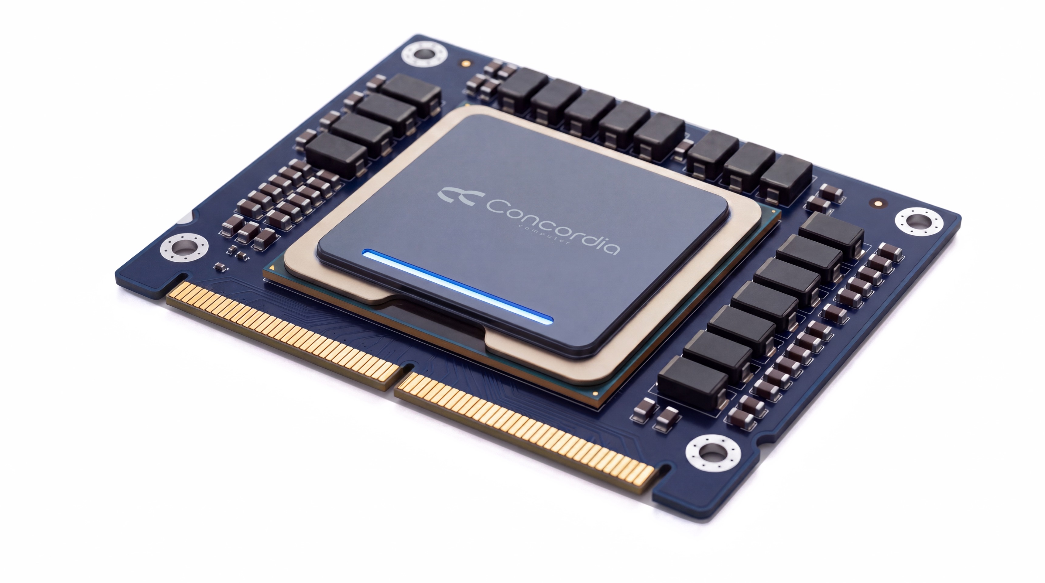 Photoreal render of the Concordia Nx accelerator chip with the etched Concordia marking