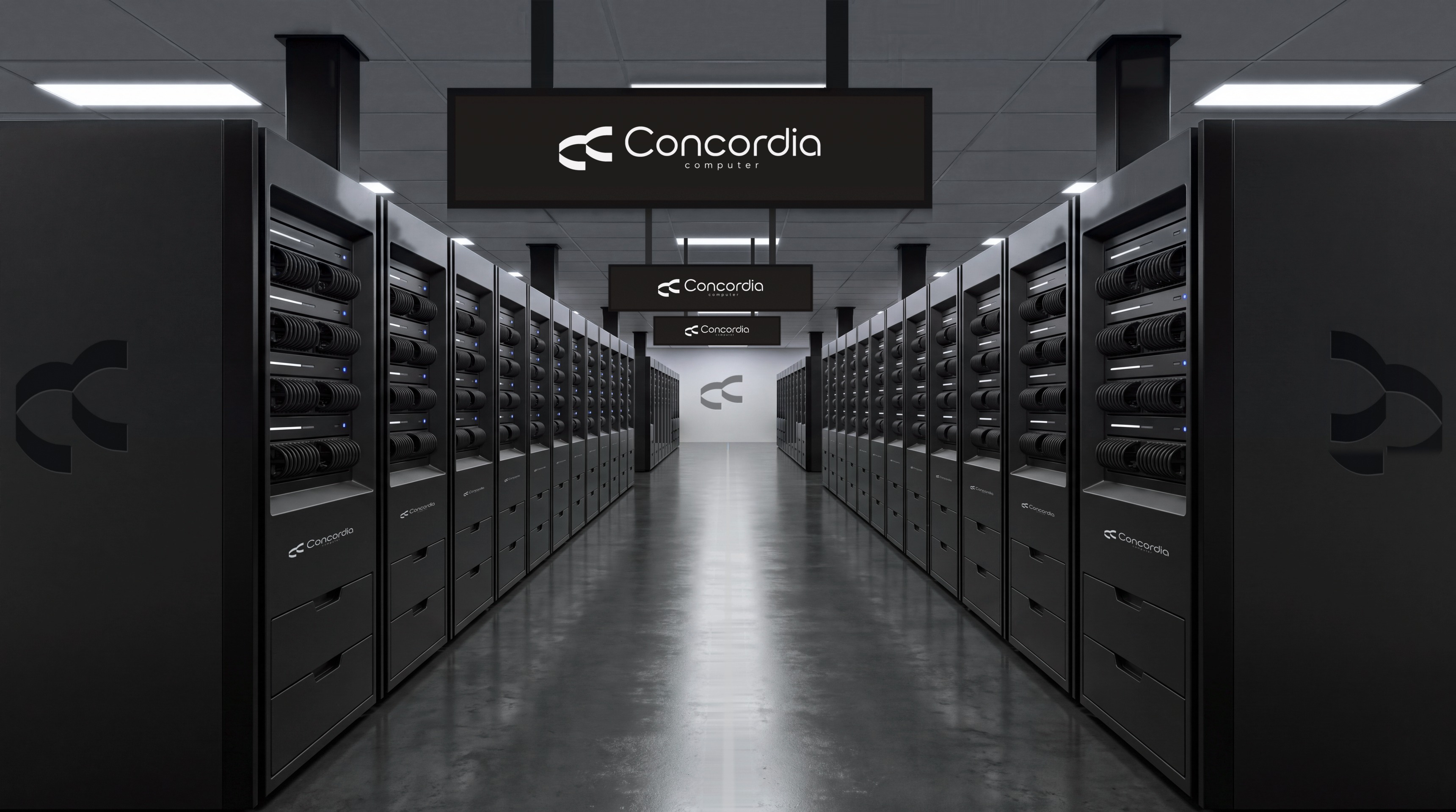 Photoreal render of a Concordia data-hall aisle with hanging Concordia signage