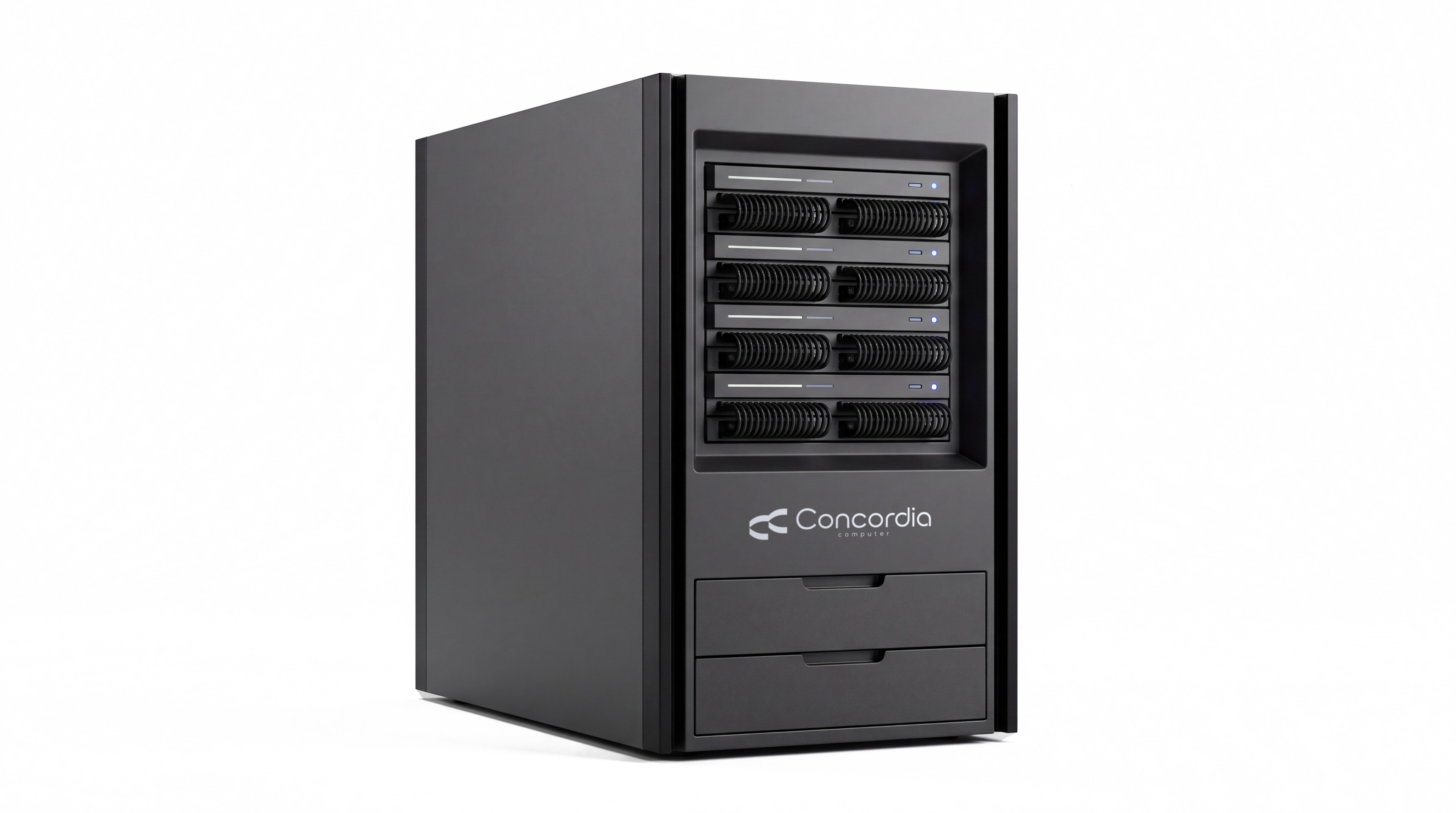 Photoreal render of the Concordia Nx server tower with the Concordia badge